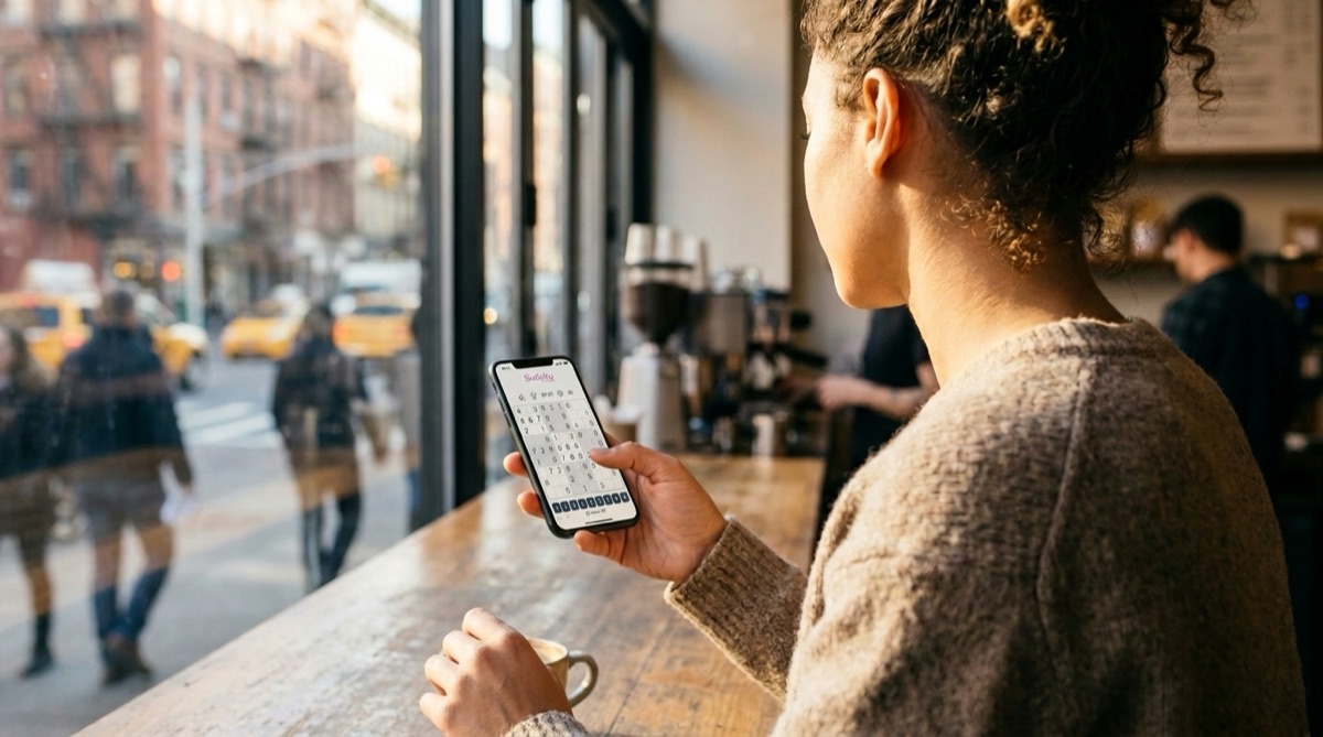 Woman choosing a sudoku app on her iPhone at a coffee shop counter