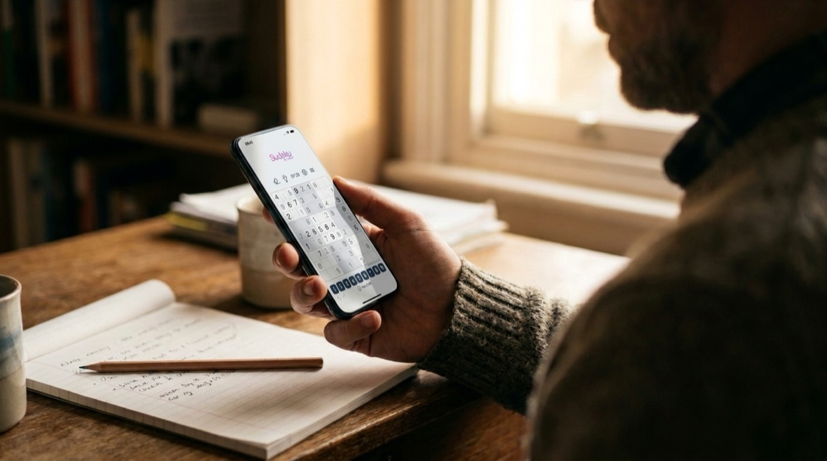 Man practicing sudoku on his phone at a desk with a notebook and pencil beside him