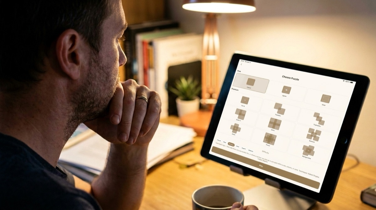 Man studying a 16x16 sudoku on a large iPad on a desk stand under a lamp