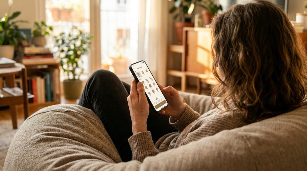 Young woman playing jigsaw sudoku on her phone while lounging on a beanbag