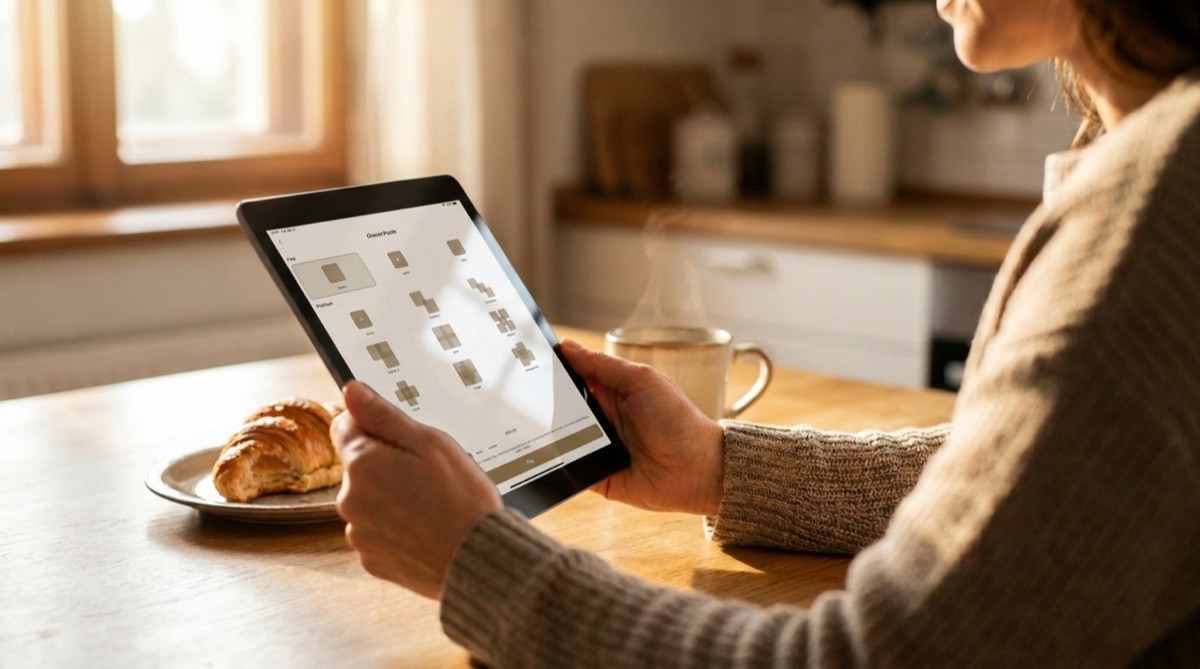 Woman playing killer sudoku on an iPad at a sunlit kitchen table with coffee and a croissant