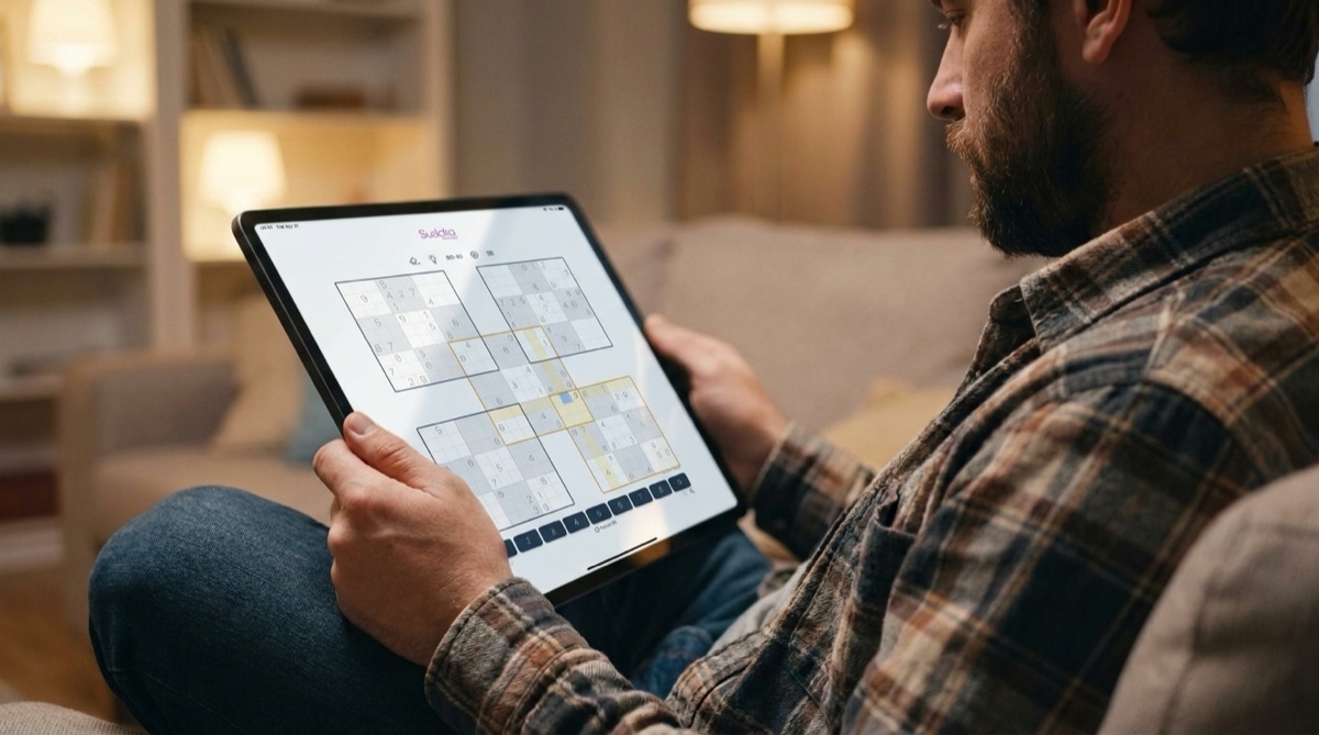 Man playing samurai sudoku on a large iPad on the couch in the evening