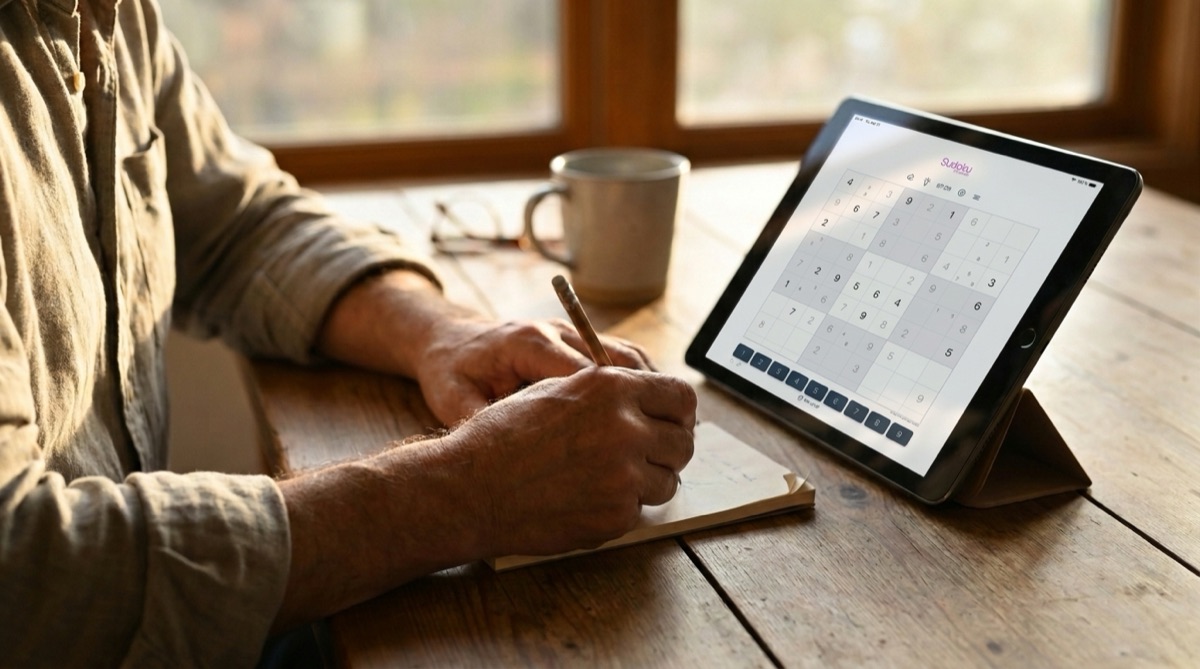 Person jotting killer sudoku cage combinations on paper next to an iPad on a stand