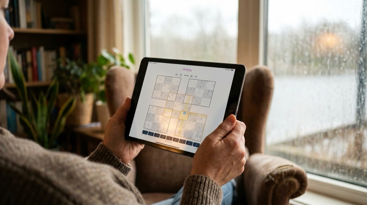 Woman playing an overlapping multi-grid sudoku on an iPad in an armchair on a rainy afternoon