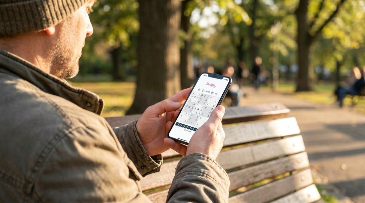 Man playing sudoku on his phone undisturbed on a park bench in golden-hour light