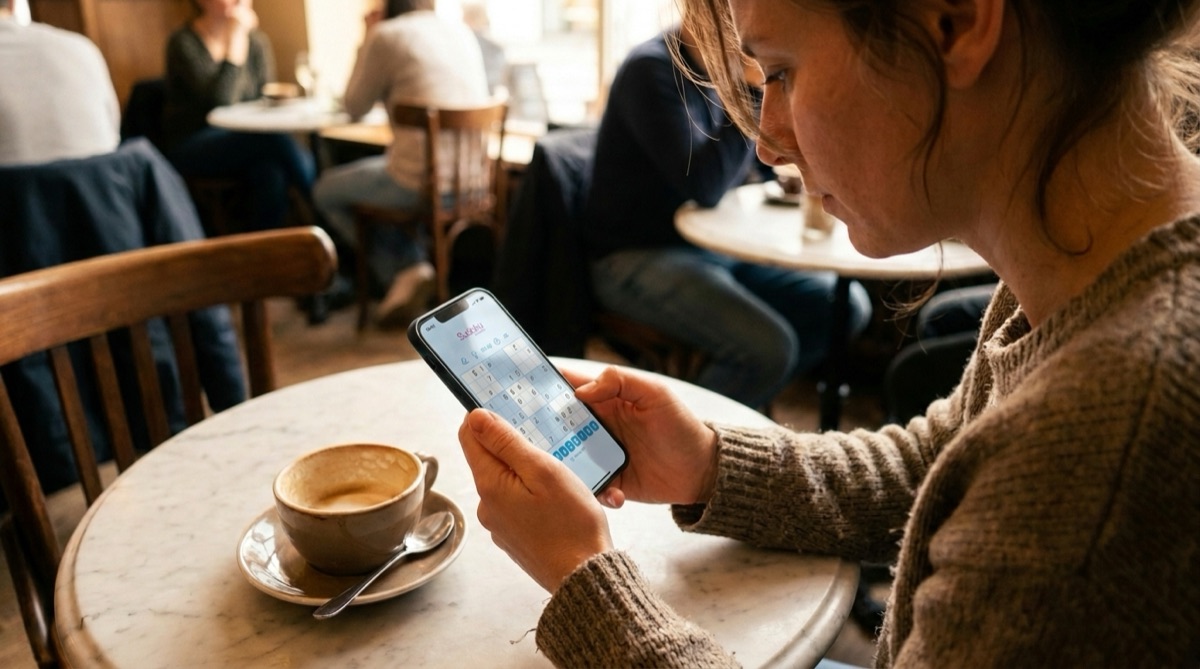 Focused woman working through a sudoku puzzle on her phone at a cafe table