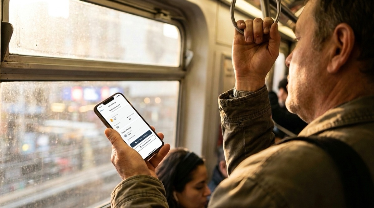 Commuter solving a sudoku on his phone while standing in a subway train