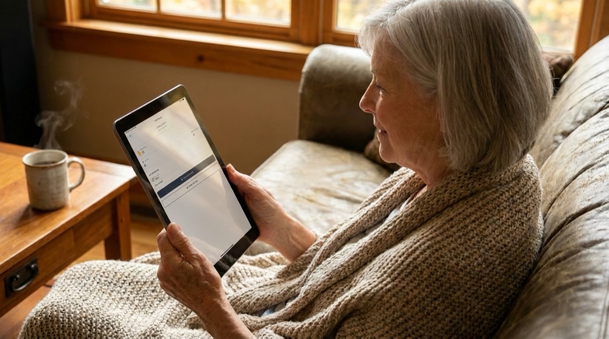 Senior woman with a cup of tea playing sudoku on an iPad under a cozy blanket in autumn light
