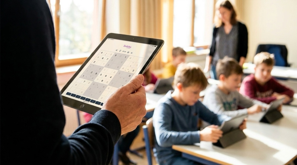 Classroom of school children solving sudoku puzzles on iPads while the teacher supervises
