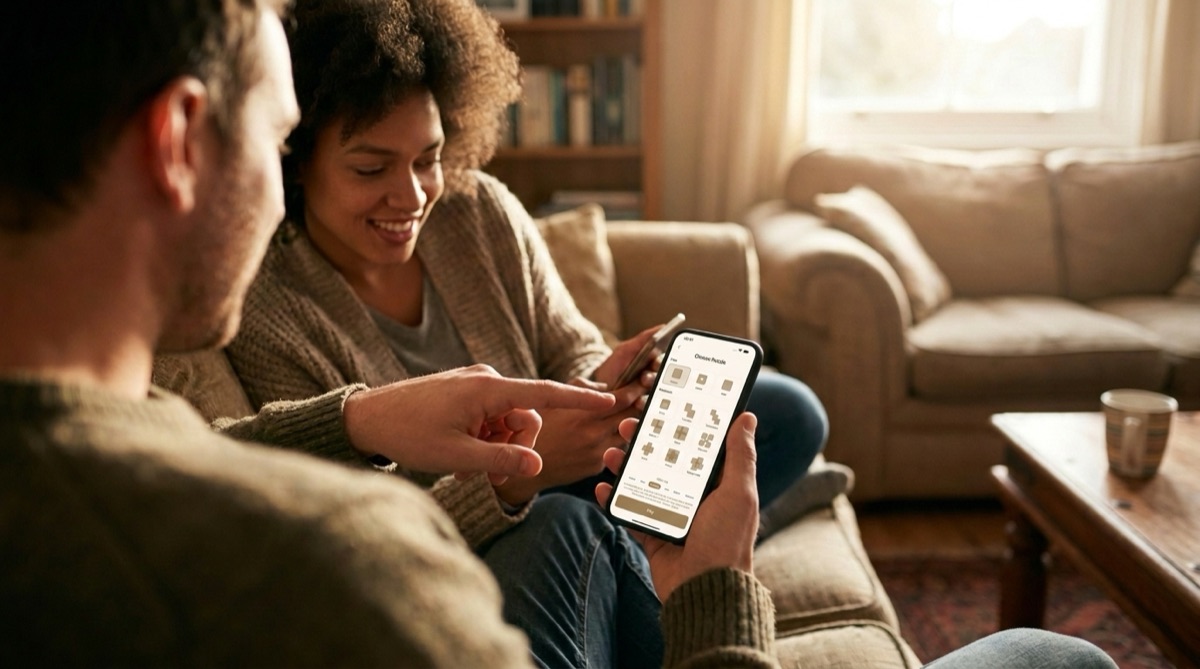 Two friends on a sofa comparing sudoku variants on their phones