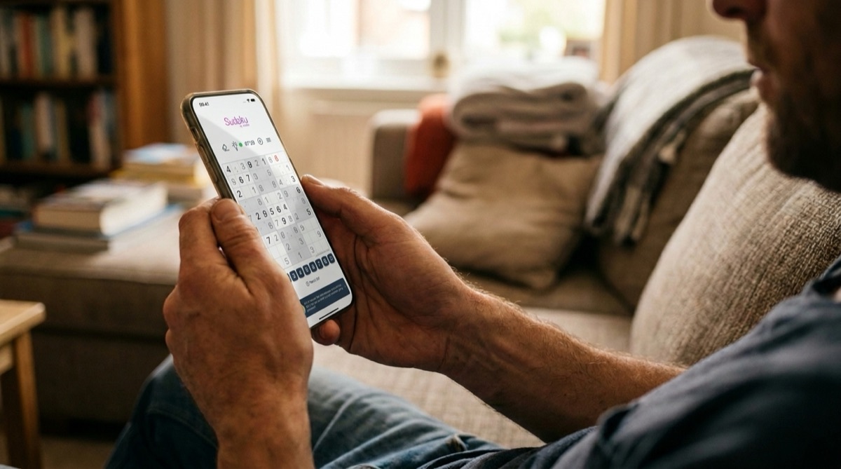 Relaxed man playing sudoku on his phone on a living-room sofa — no lives, no pressure