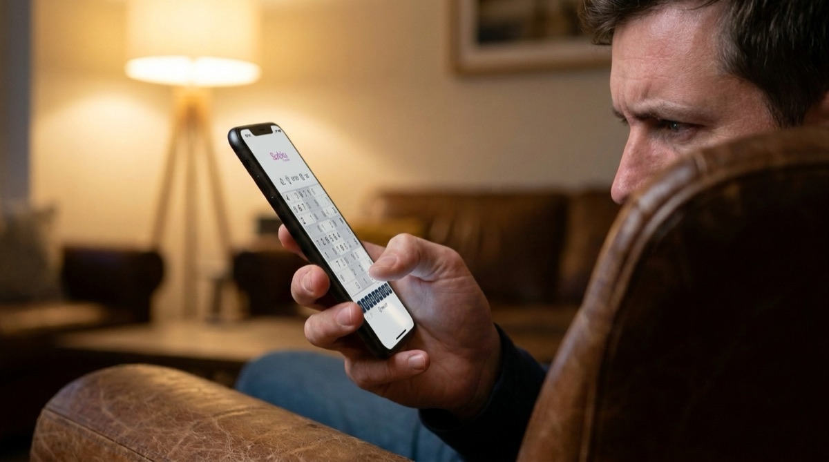 Man concentrating on an advanced sudoku puzzle on his phone in a reading chair