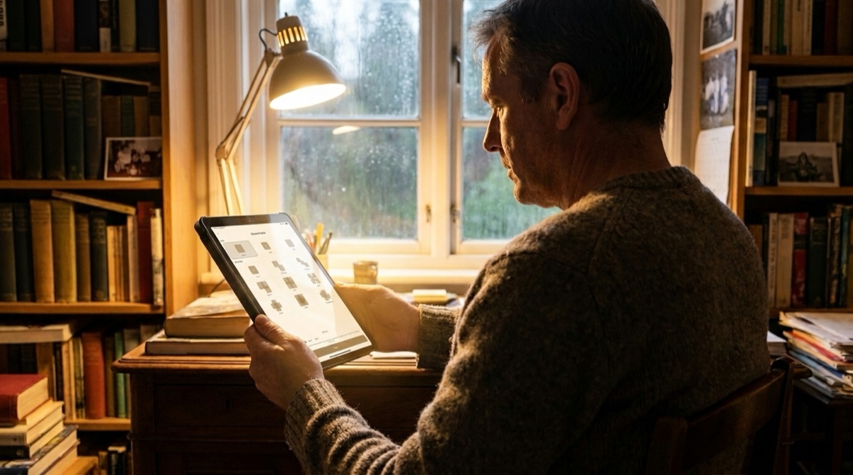 Man solving a rare multi-grid sudoku variant on an iPad in a book-lined study