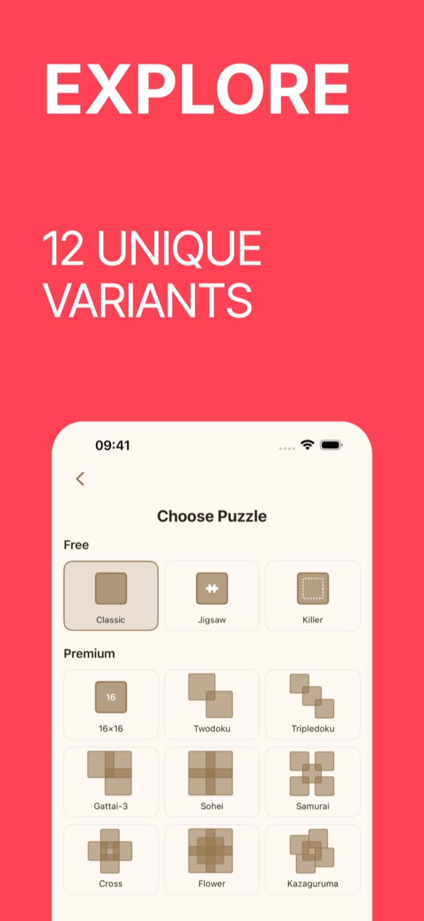 Puzzle chooser with all 12 sudoku variants: Classic, Jigsaw, Killer, 16x16, Twodoku, Tripledoku, Gattai-3, Sohei, Samurai, Cross, Flower and Kazaguruma